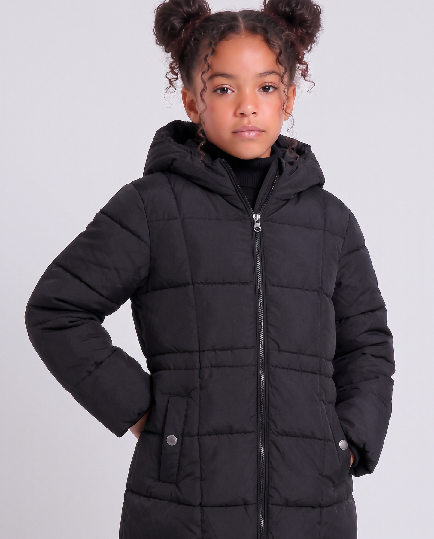 Long padded jacket with hood for girls - Black