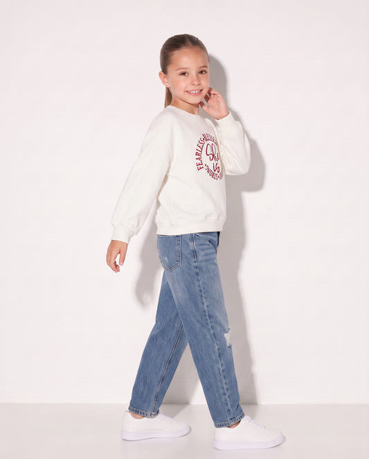 Felpa girocollo bambina con ricamo - Bianco latte