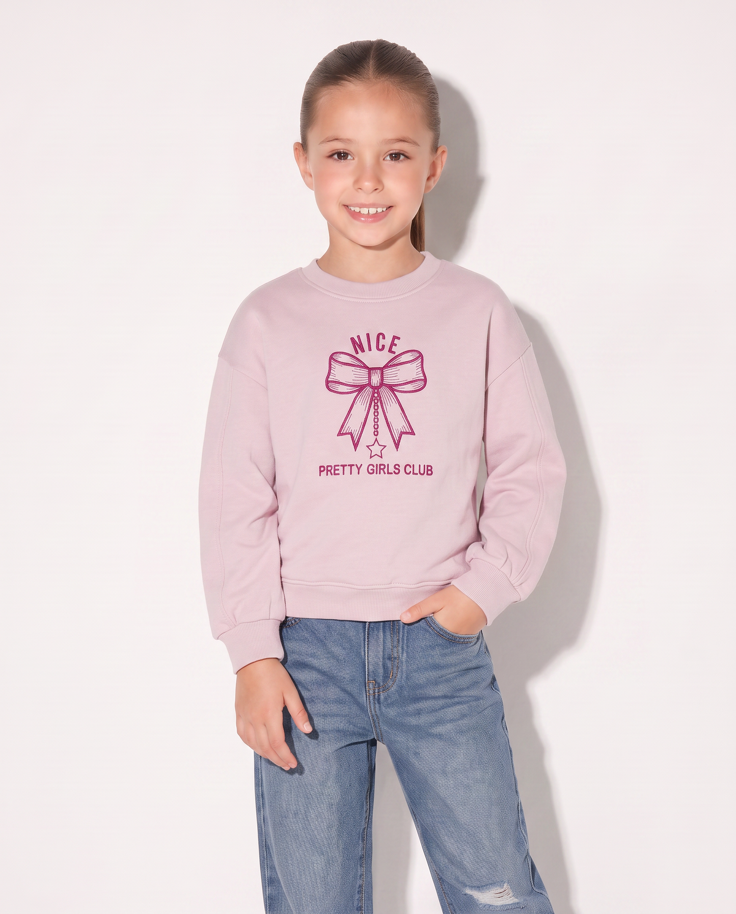 Girls' Crewneck Sweatshirt with Embroidery - Pink