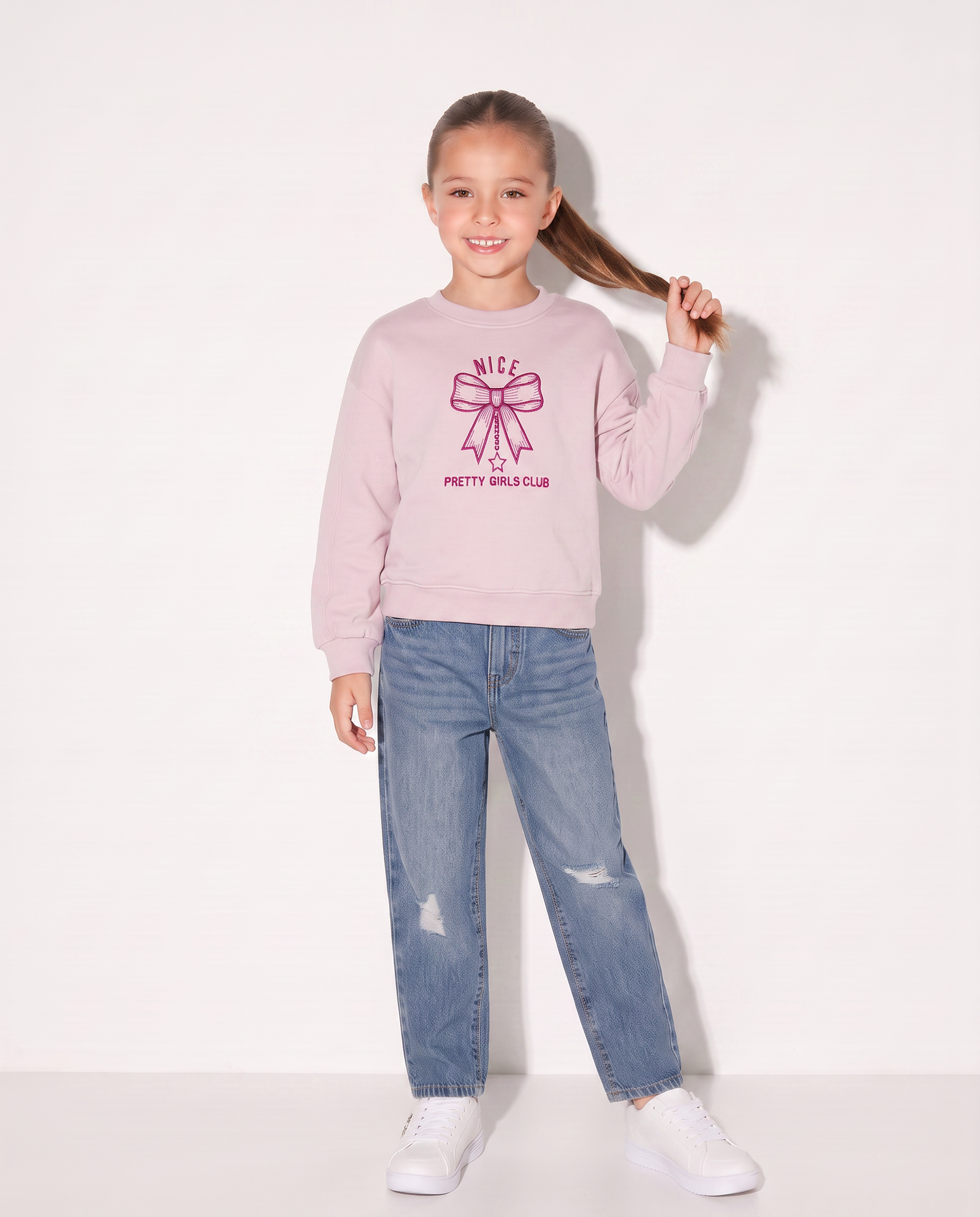 Girls' Crewneck Sweatshirt with Embroidery - Pink