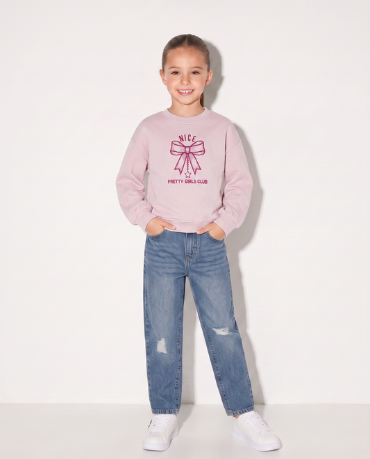 Felpa girocollo bambina con ricamo - Rosa polvere