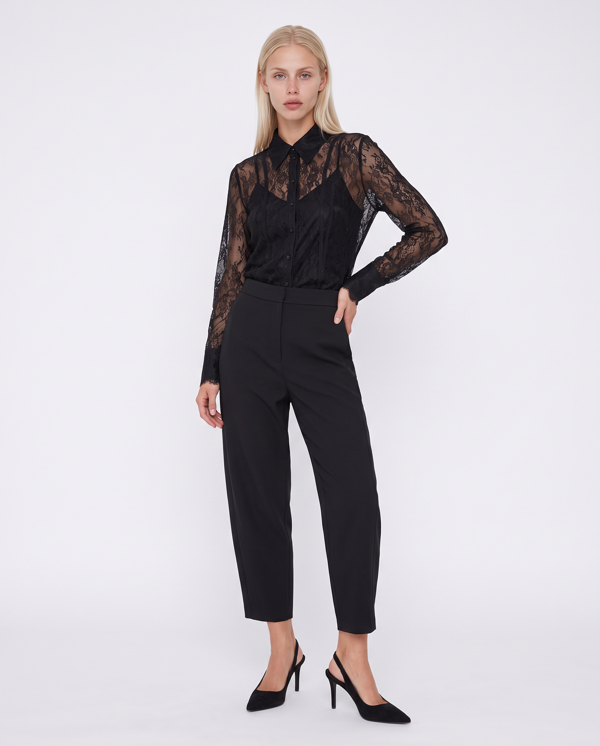 Camicia in rete lunga con pizzo raffinato - Nero