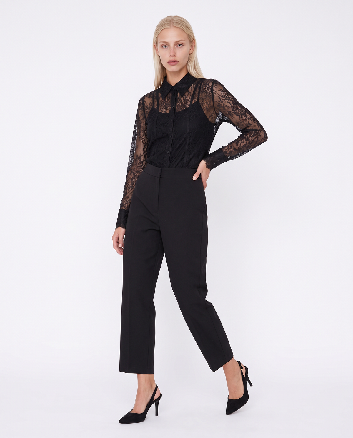 Camicia in rete lunga con pizzo raffinato - Nero