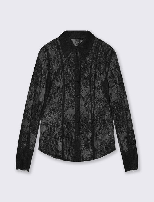 Camicia in rete lunga con pizzo raffinato - Nero