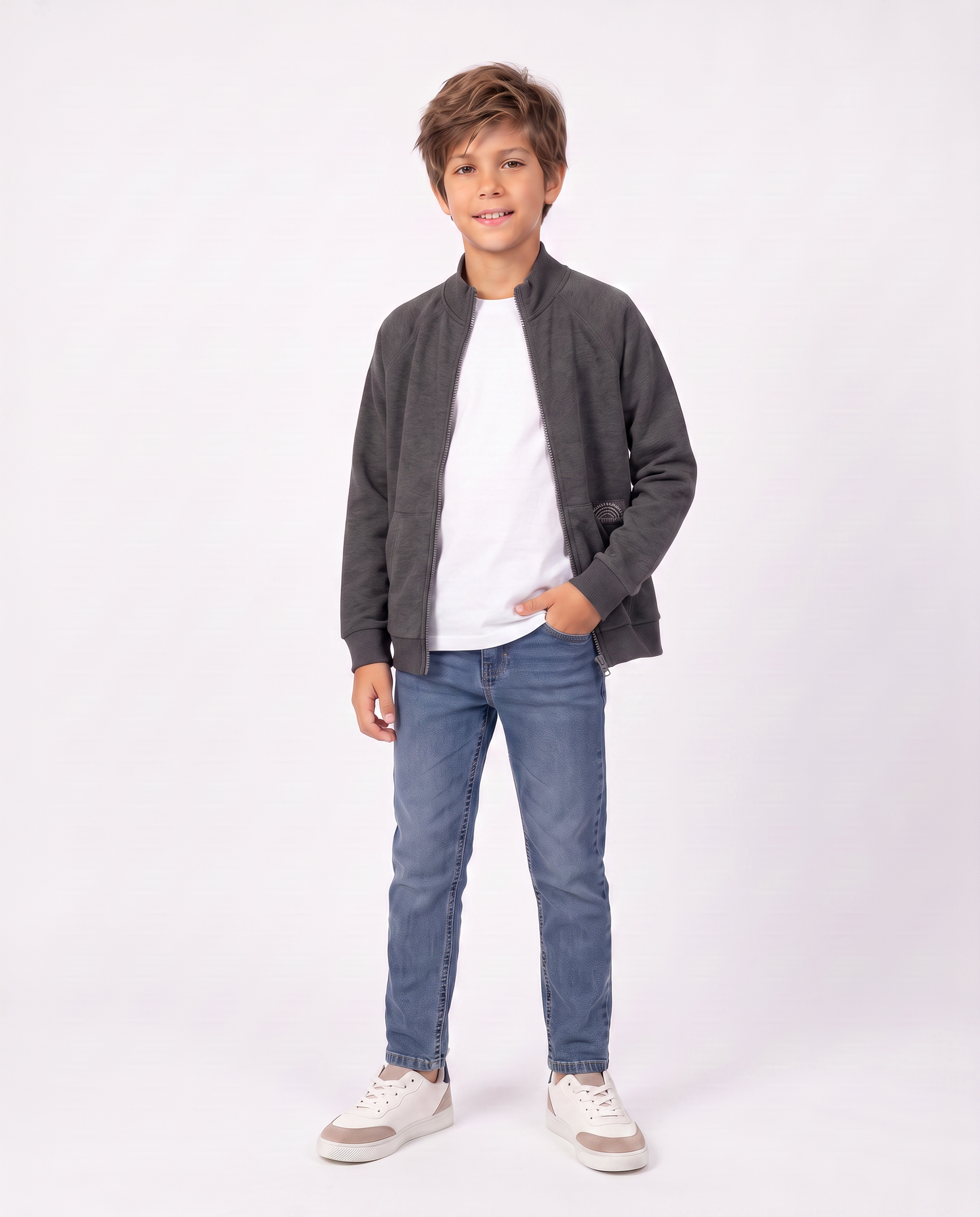 Felpa con zip e tascone frontale - Grigio mel.