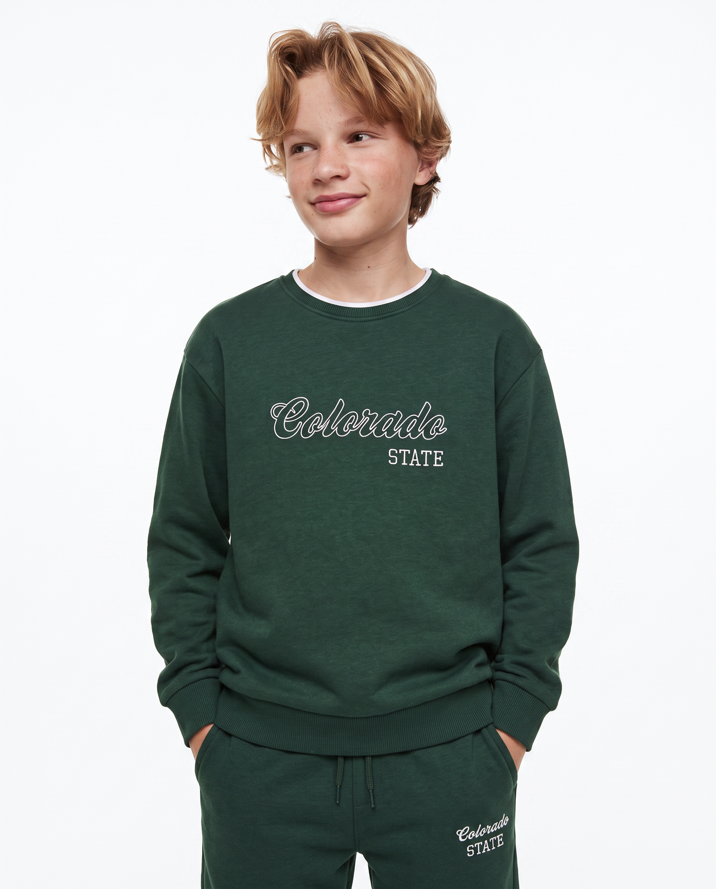 Felpa girocollo con ricamo e comfort - Verde abete