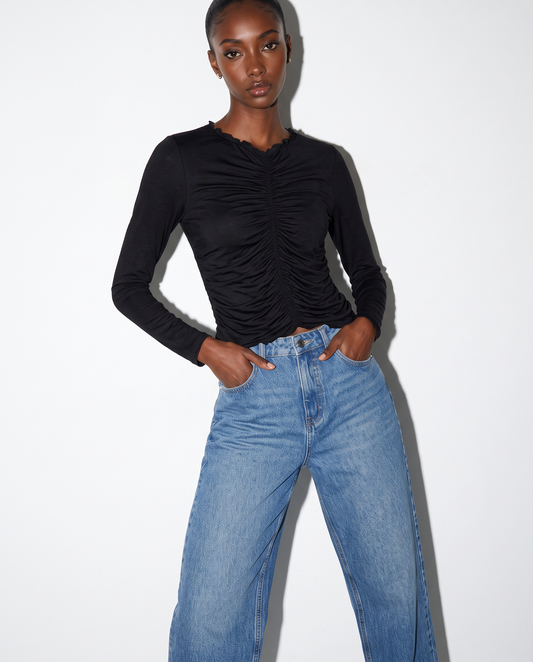 Ruffled Long Sleeve T-Shirt - Black