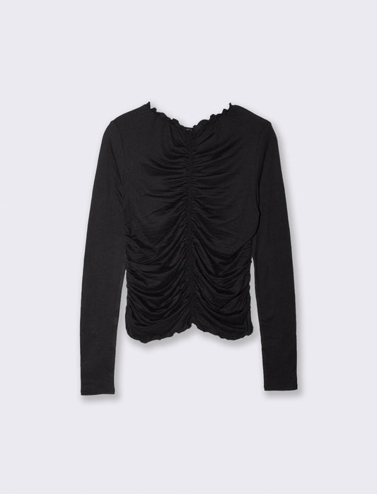 T-shirt arricciata a manica lunga - Nero