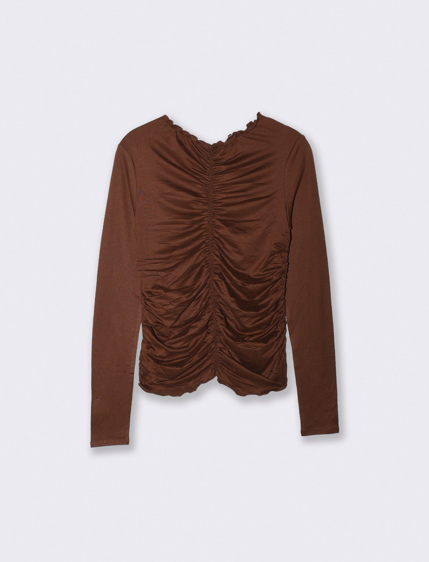 T-shirt arricciata a manica lunga - Marrone cioccolato