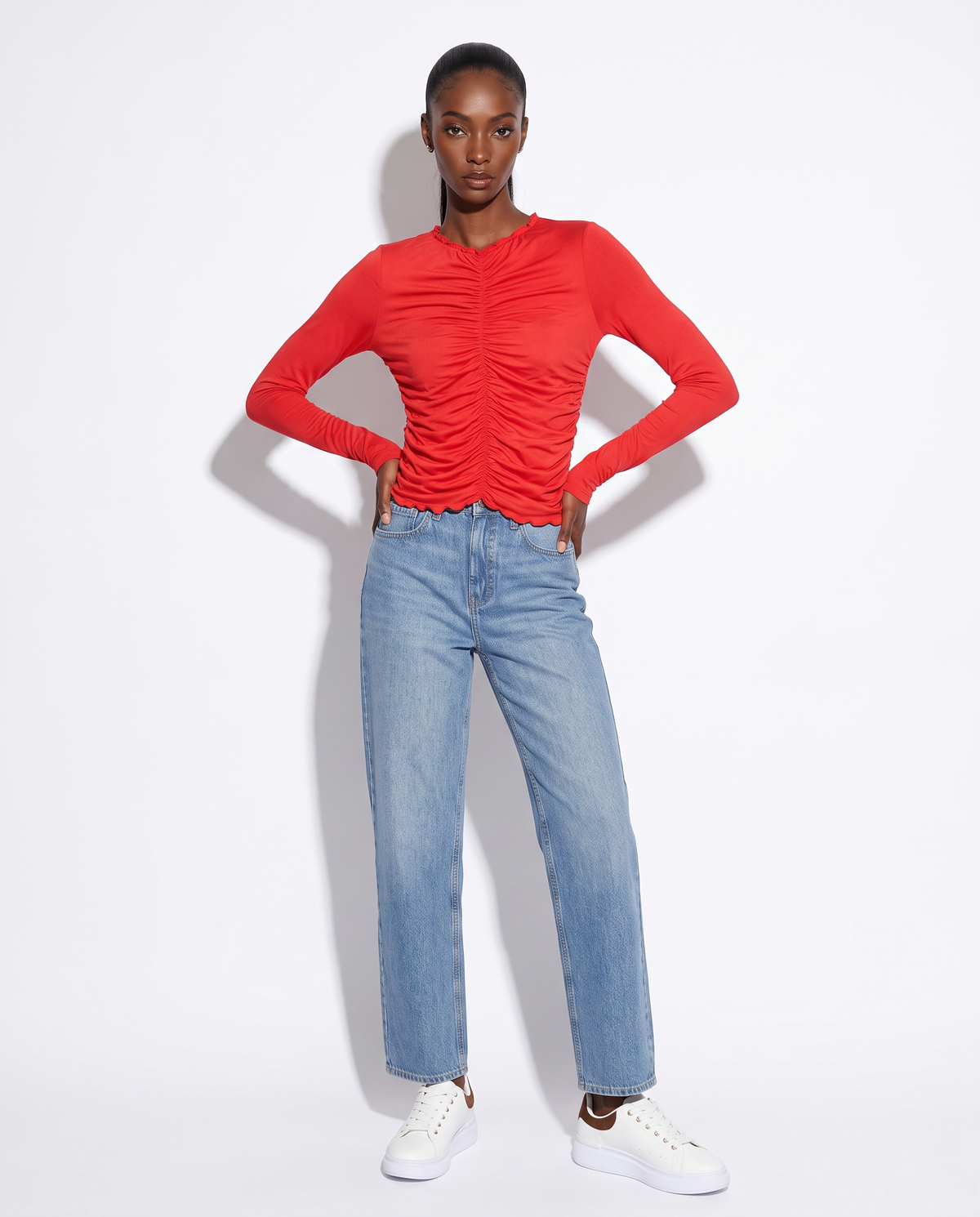 T-shirt arricciata a manica lunga - Rosso