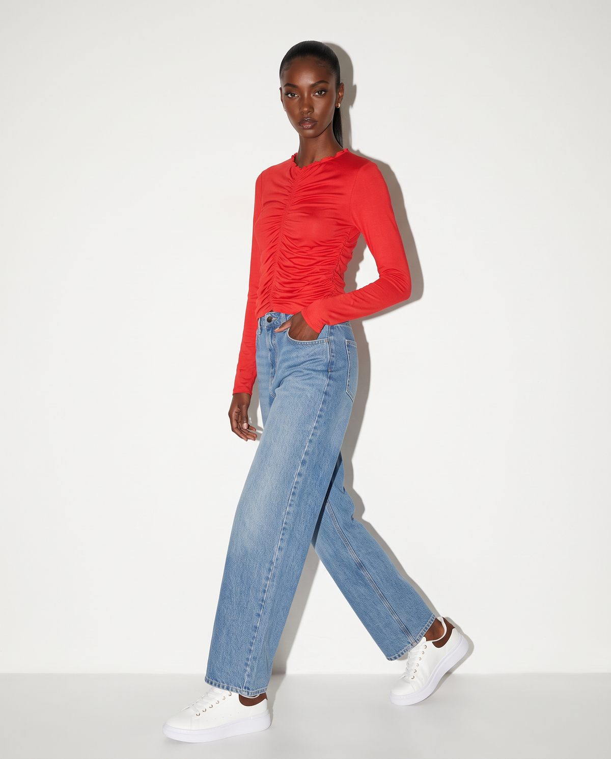 T-shirt arricciata a manica lunga - Rosso