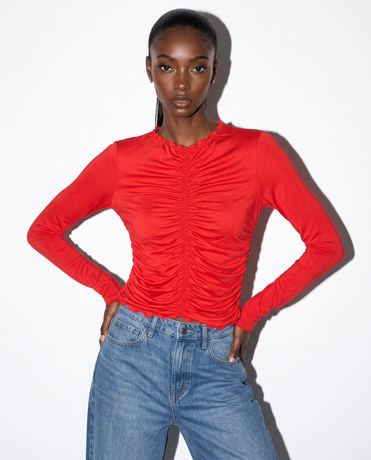 T-shirt arricciata a manica lunga - Rosso