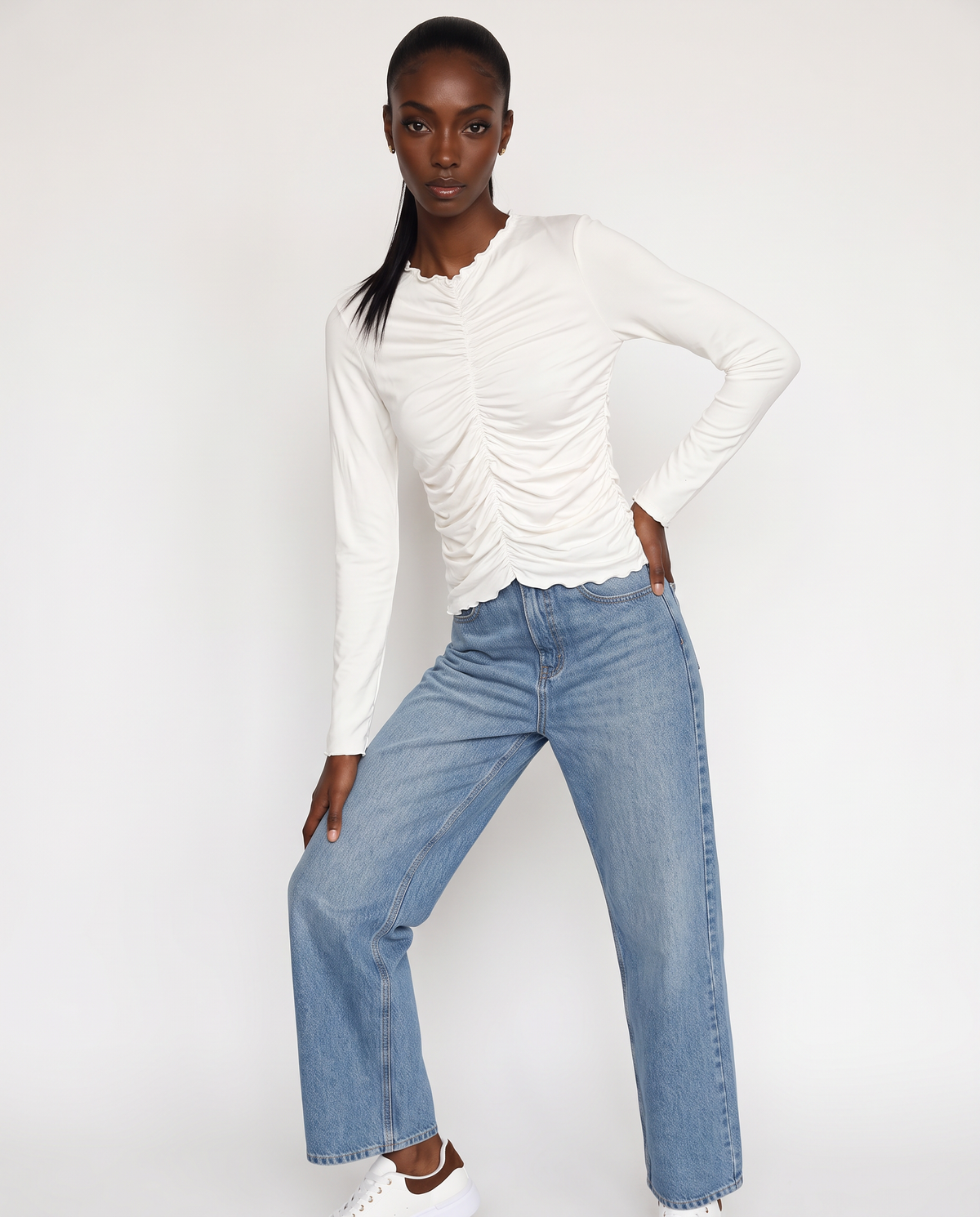 Ruffled Long Sleeve T-Shirt - Beige