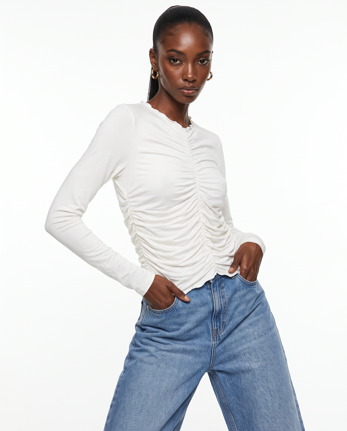 Ruffled Long Sleeve T-Shirt - Beige