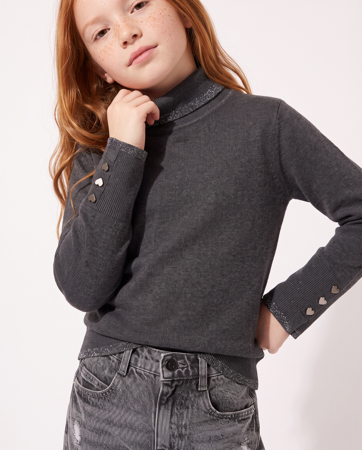 Lupetto with high collar and metallic trim - Grey