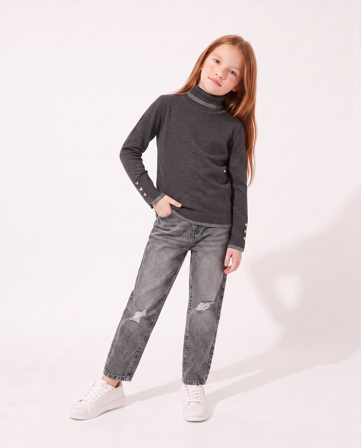 Lupetto with high collar and metallic trim - Grey