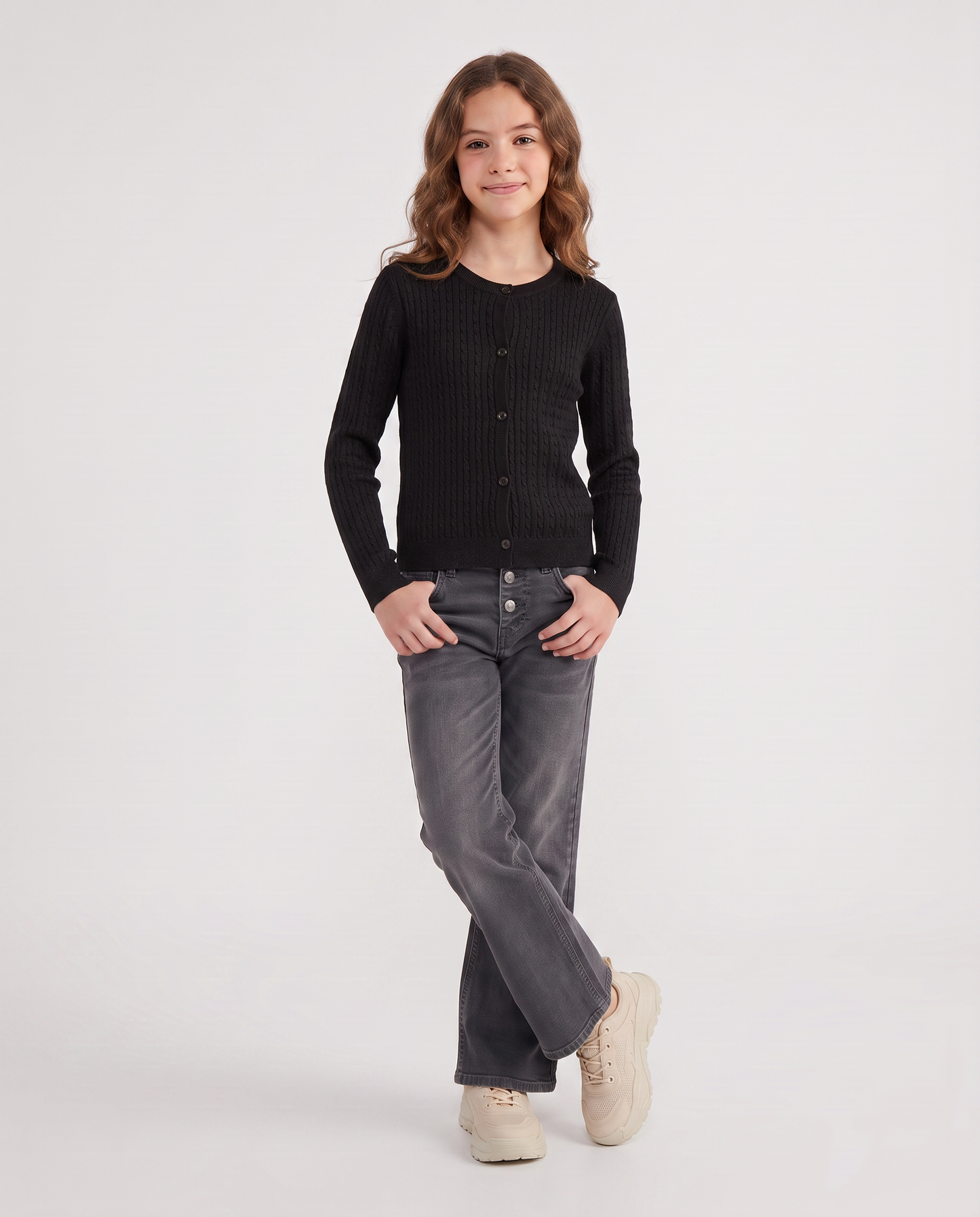 Cardigan girocollo a maniche lunghe treccia - Nero