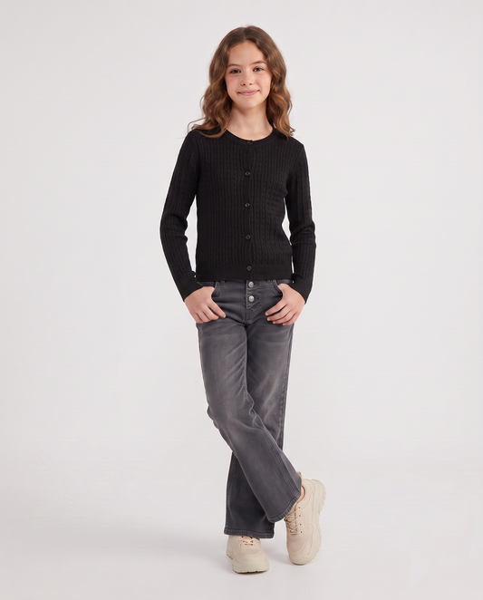 Long Sleeve Crew Neck Cardigan Braid - Black