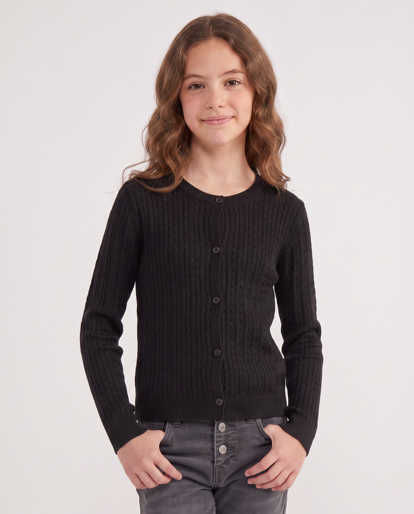 Cardigan girocollo a maniche lunghe treccia - Nero