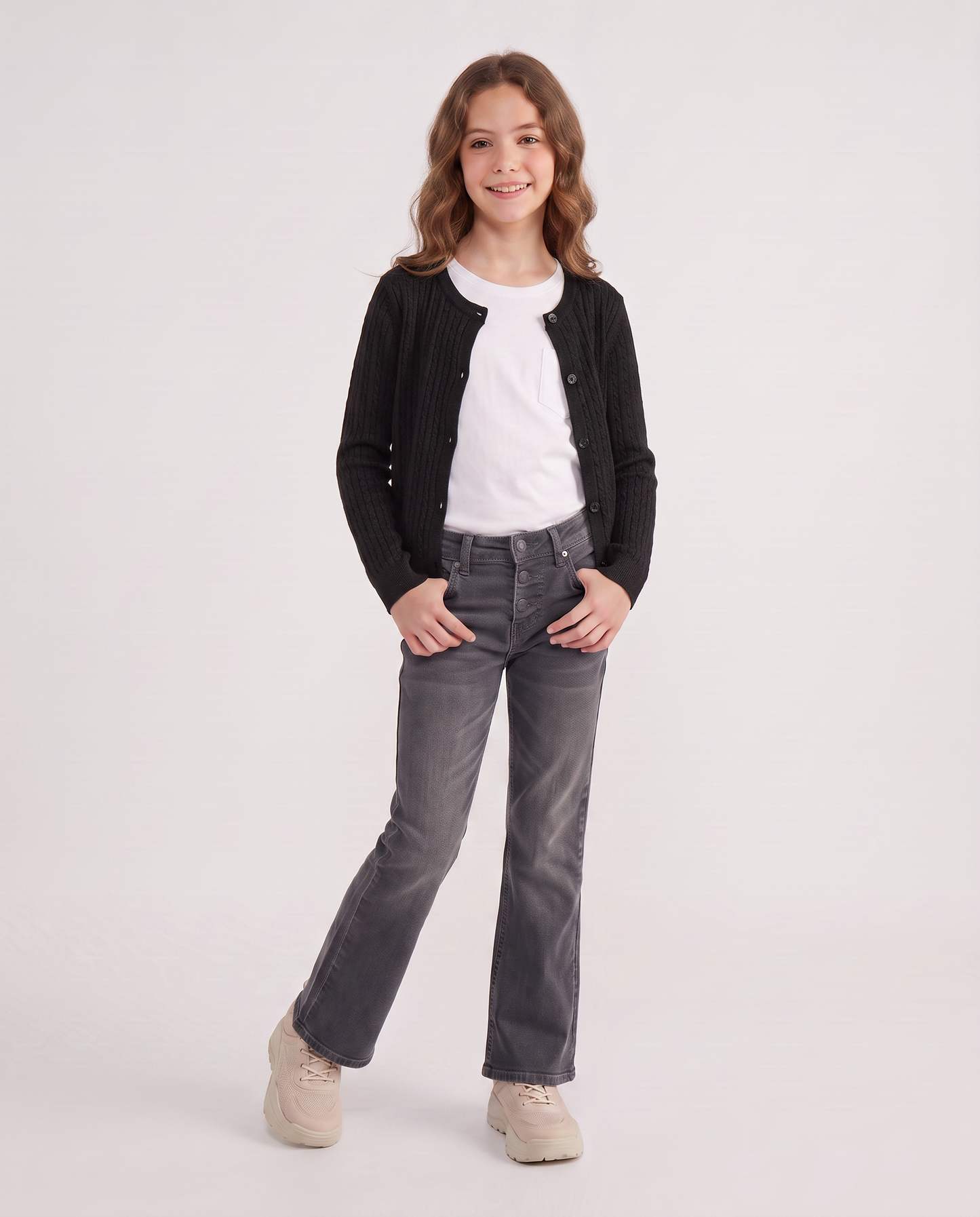 Cardigan girocollo a maniche lunghe treccia - Nero