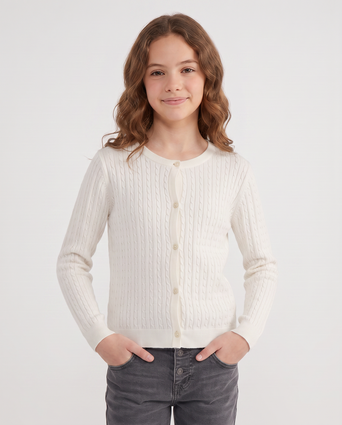 Long Sleeve Crew Neck Cardigan Braid - White