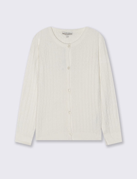 Cardigan girocollo a maniche lunghe treccia - Bianco latte