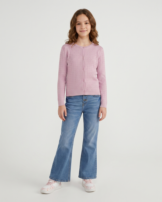 Long Sleeve Crew Neck Cardigan Braid - Pink