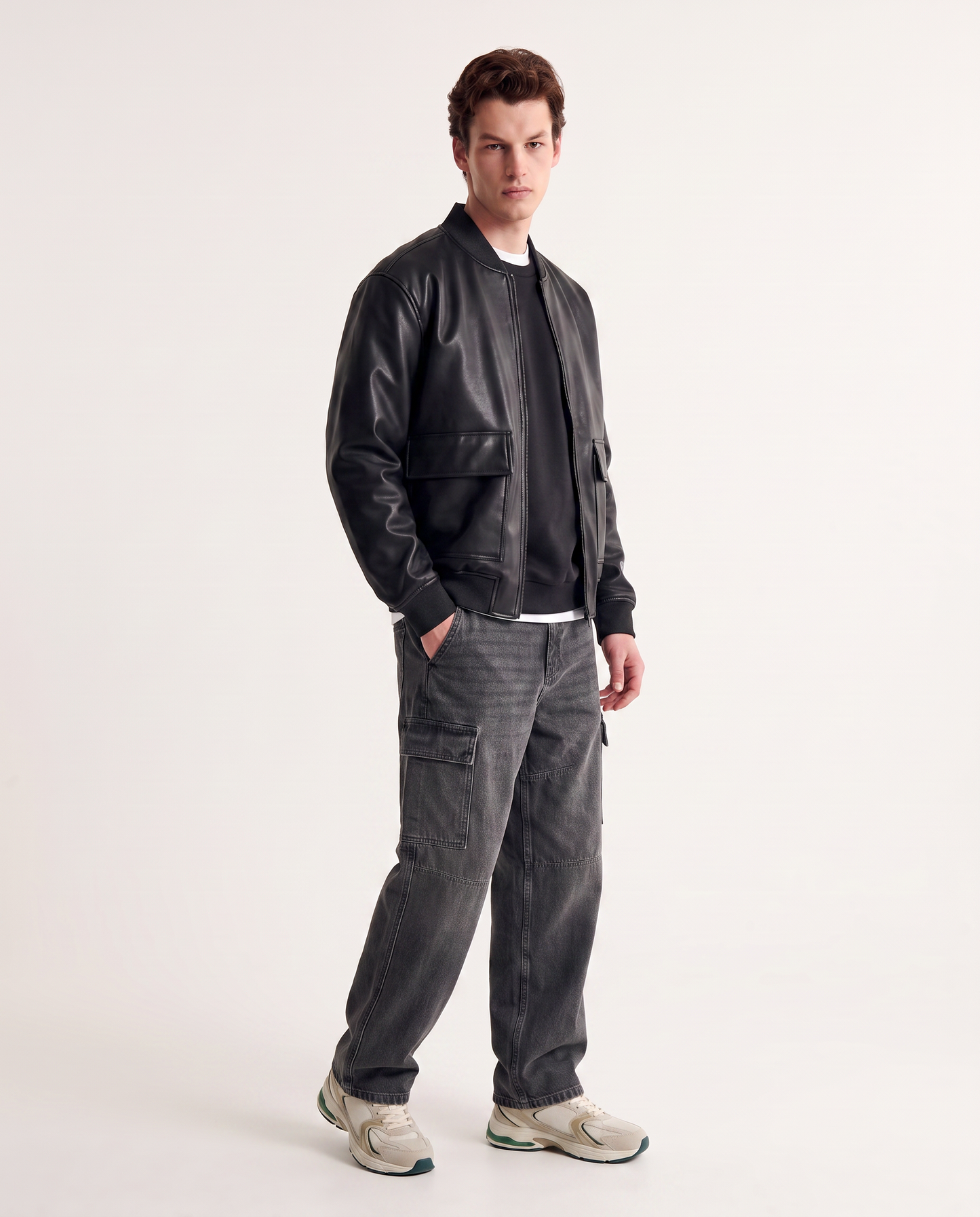 Bomber jacket with leather effect and pockets - Black