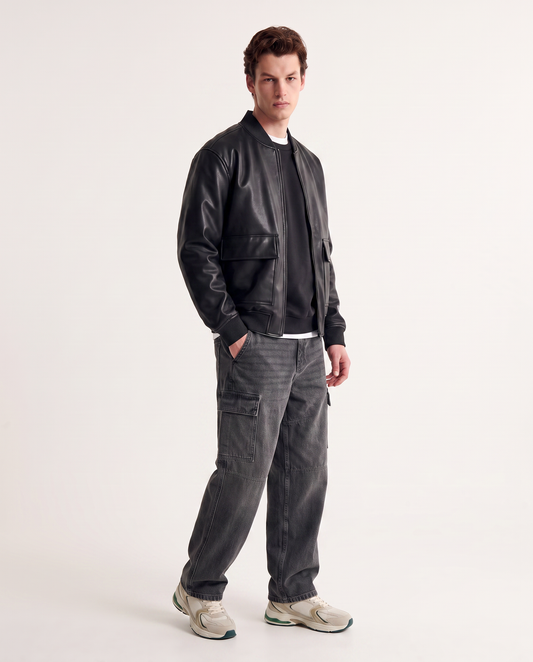 Bomber jacket with leather effect and pockets - Black