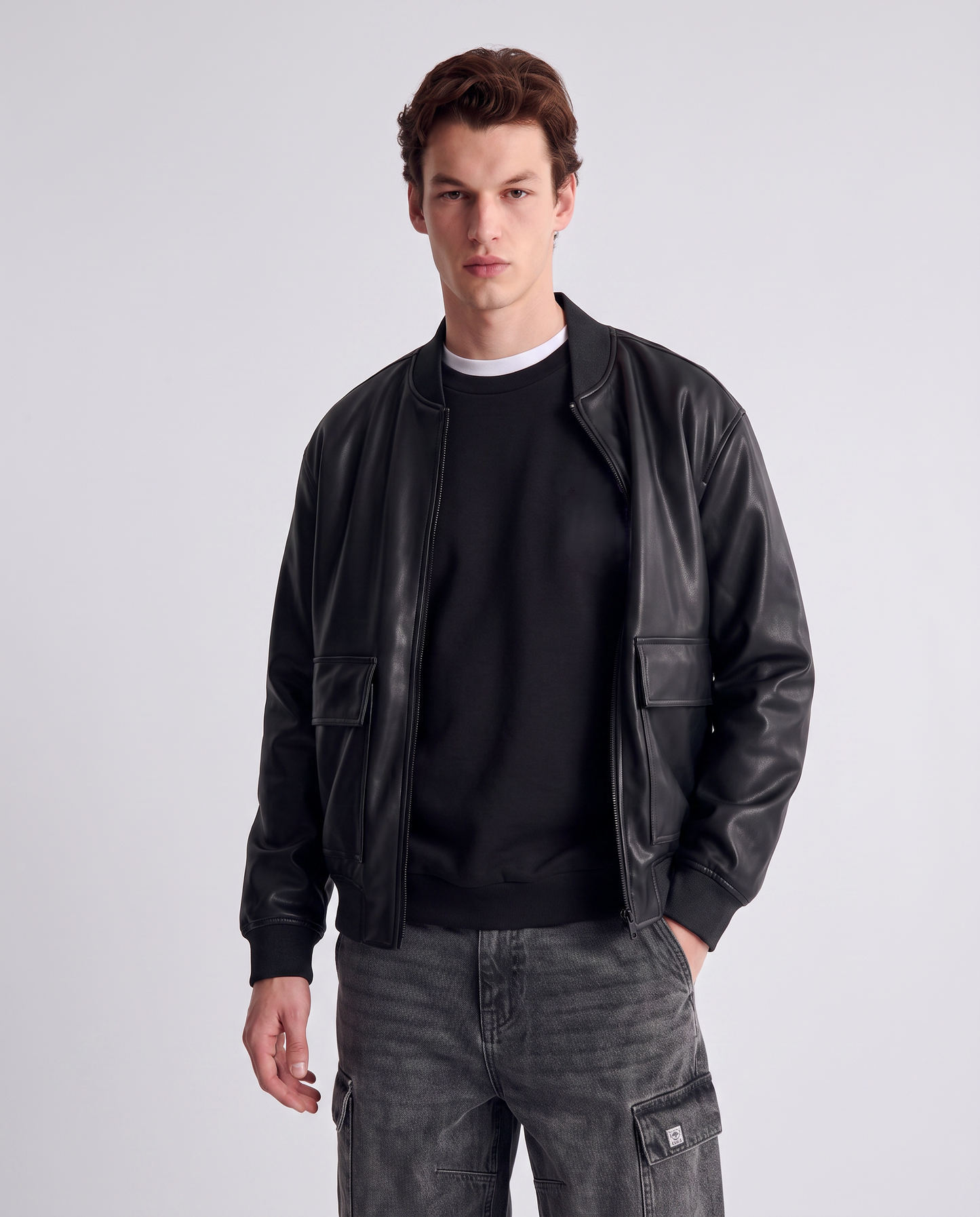 Bomber jacket with leather effect and pockets - Black