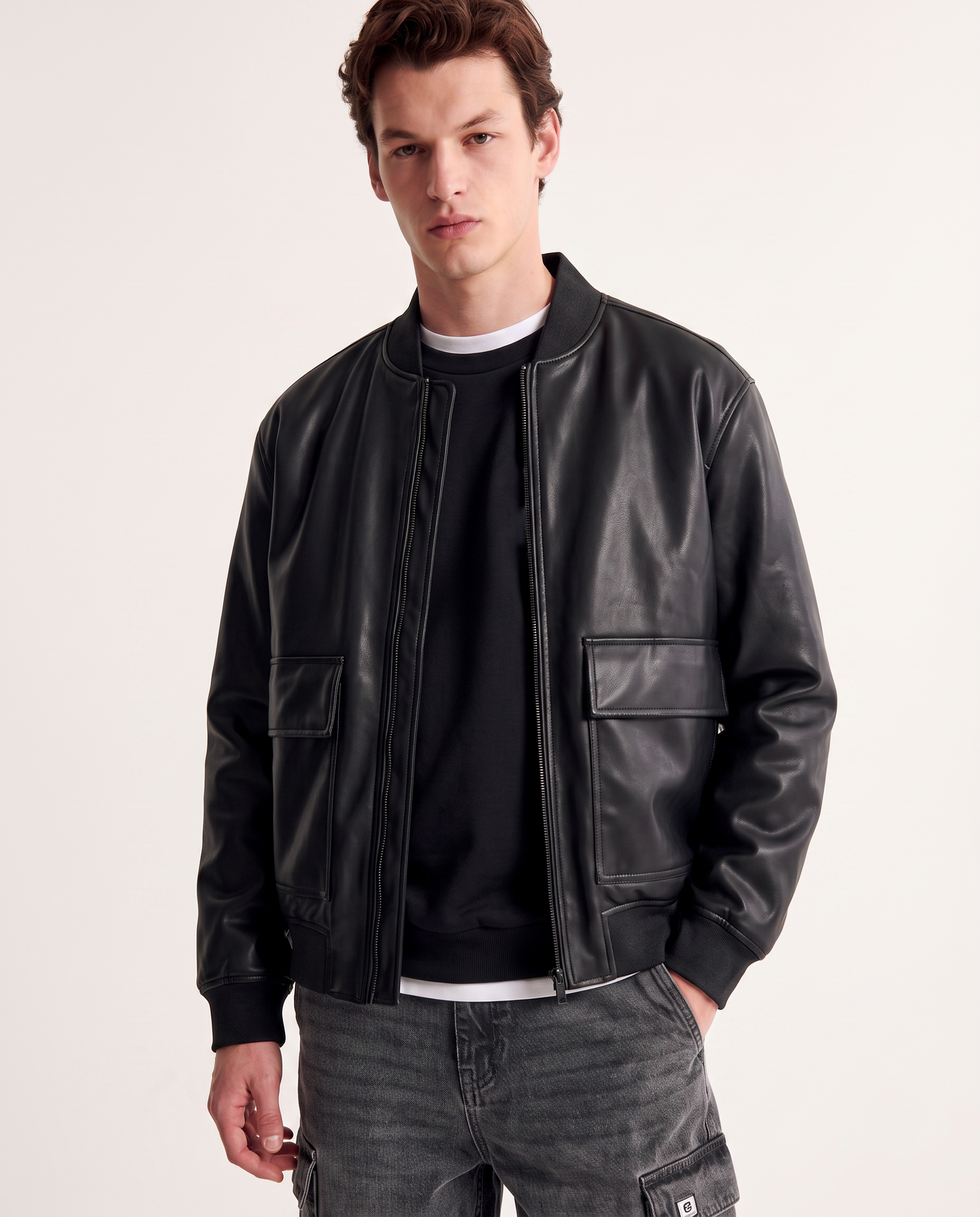 Bomber jacket with leather effect and pockets - Black
