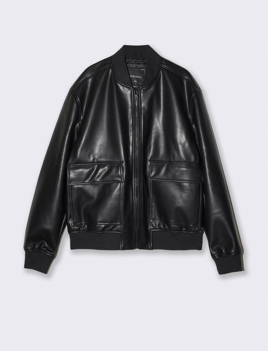 Giubbotto bomber effetto pelle con tasche - Nero