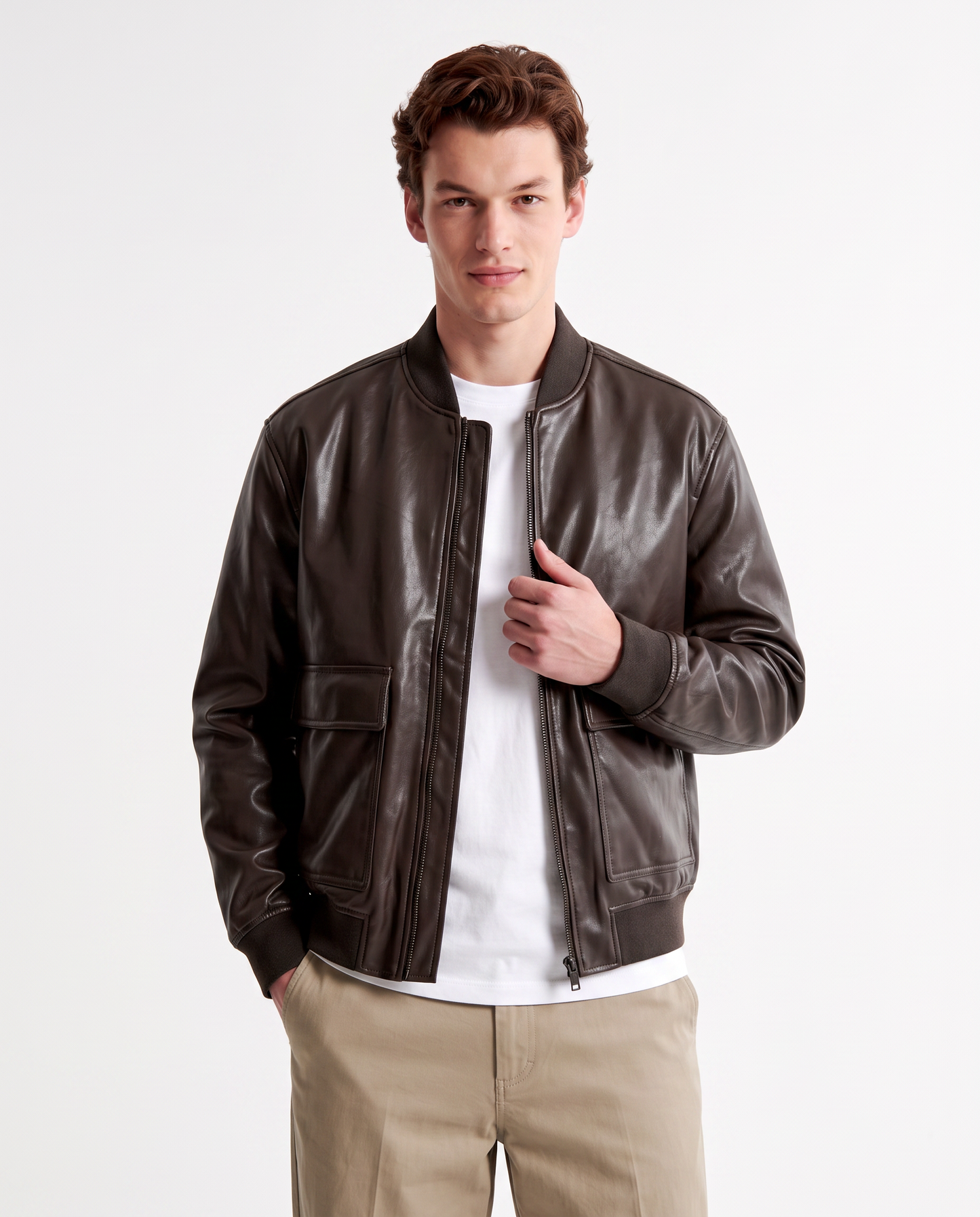 Giubbotto bomber effetto pelle con tasche - Moro