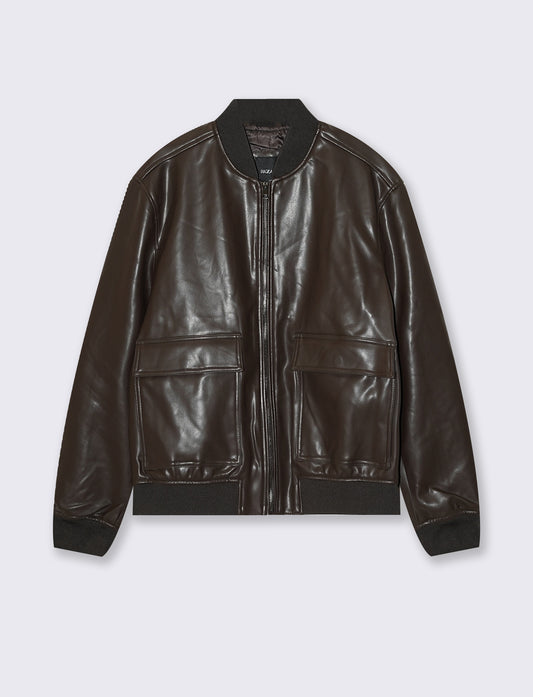 Bomber jacket with leather effect and pockets - Brown