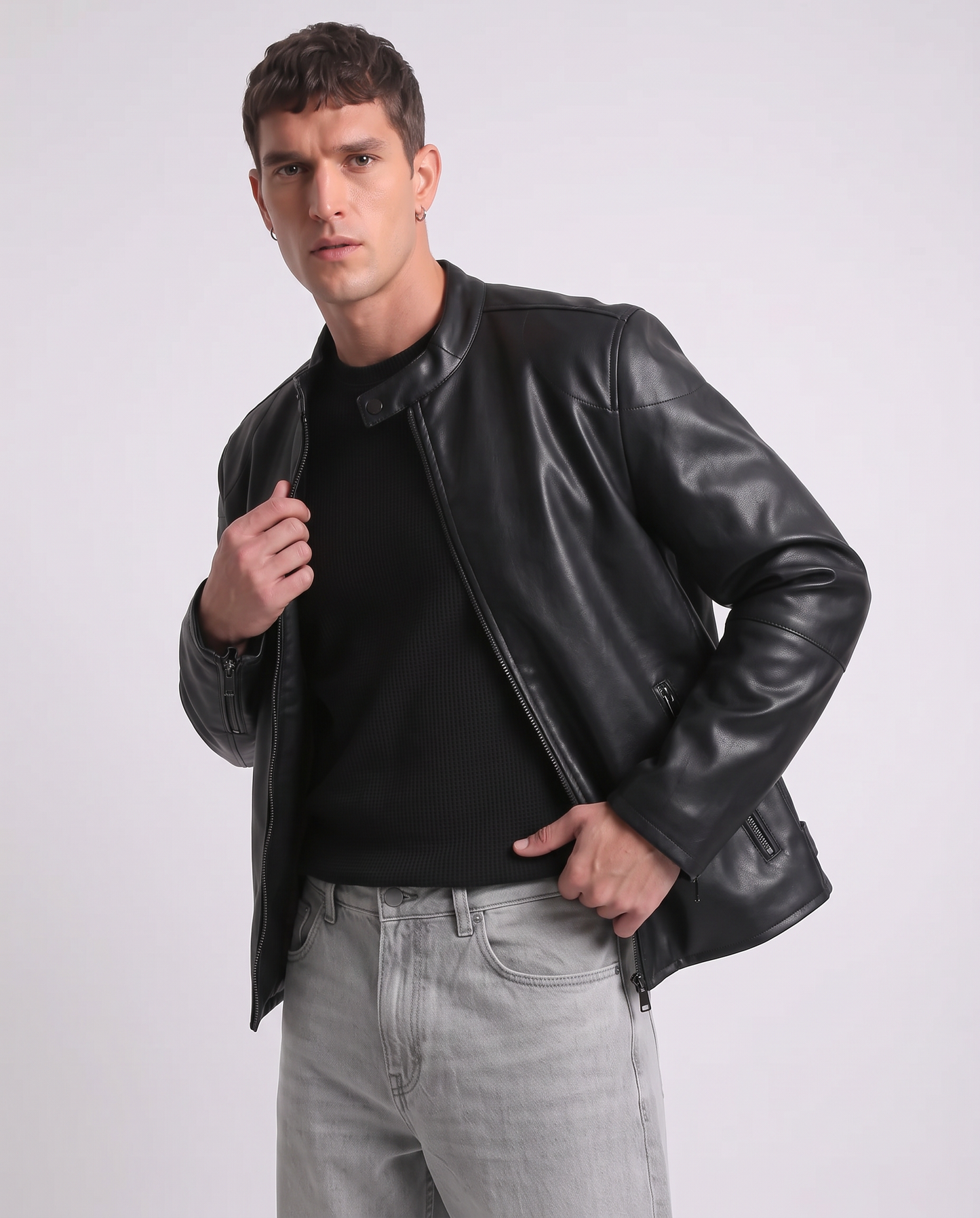 Biker Jacket Leather Effect with Collar - Black