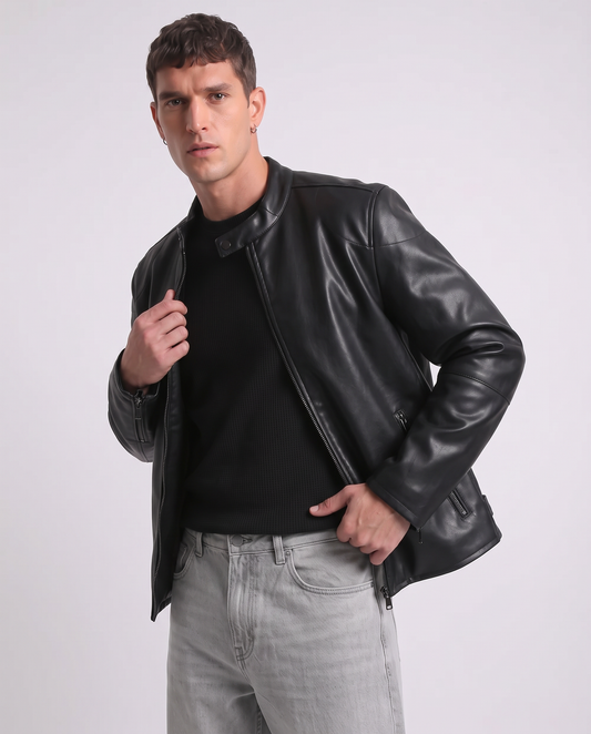 Biker Jacket Leather Effect with Collar - Black