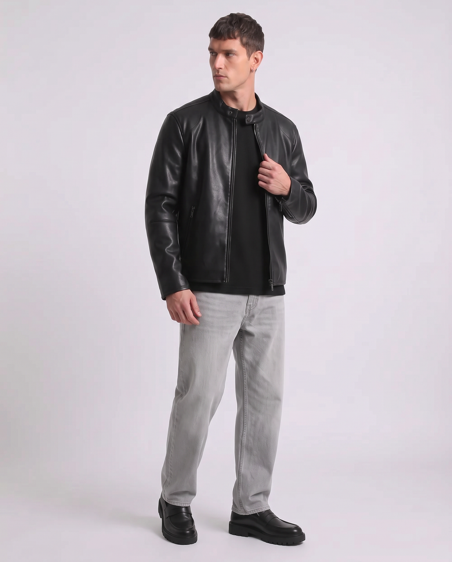 Biker Jacket Leather Effect with Collar - Black
