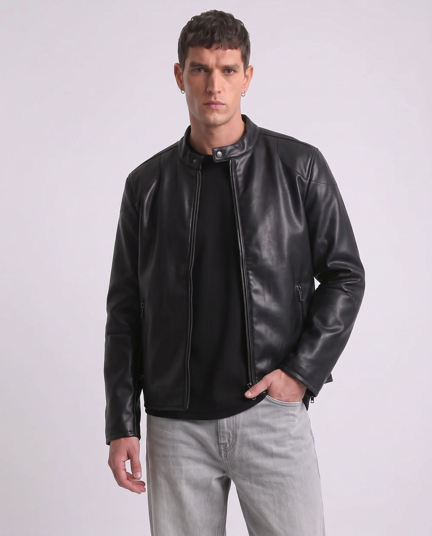 Biker Jacket Leather Effect with Collar - Black