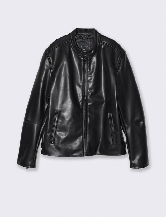 Biker Jacket Leather Effect with Collar - Black