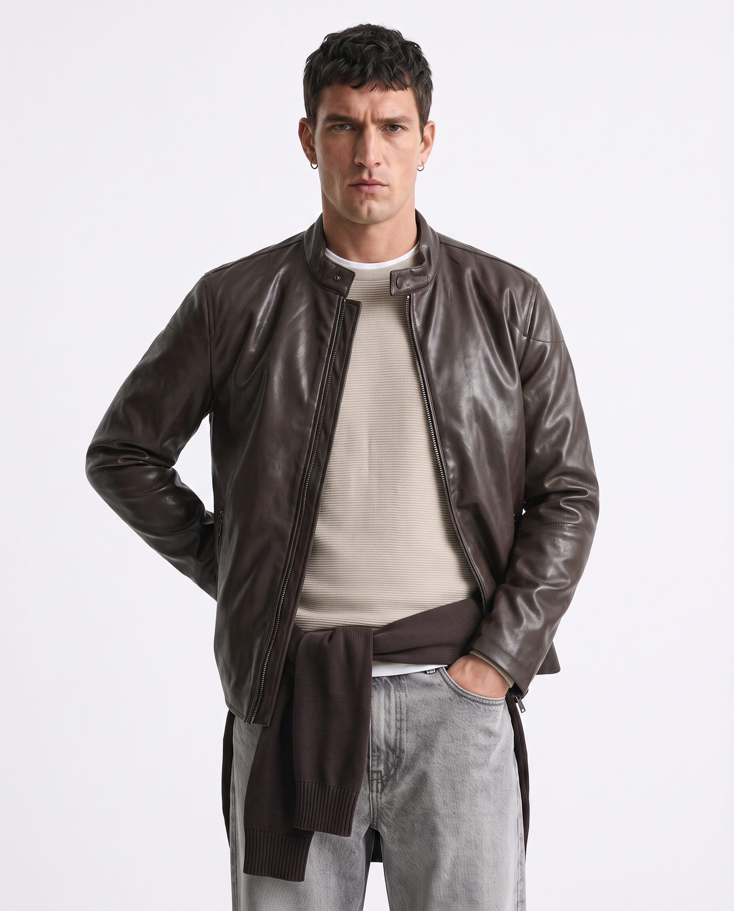 Giubbotto Biker Effetto Pelle con Collo - Moro