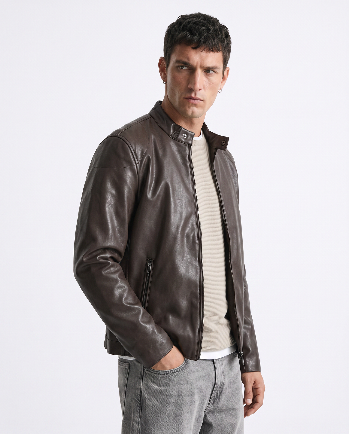Giubbotto Biker Effetto Pelle con Collo - Moro