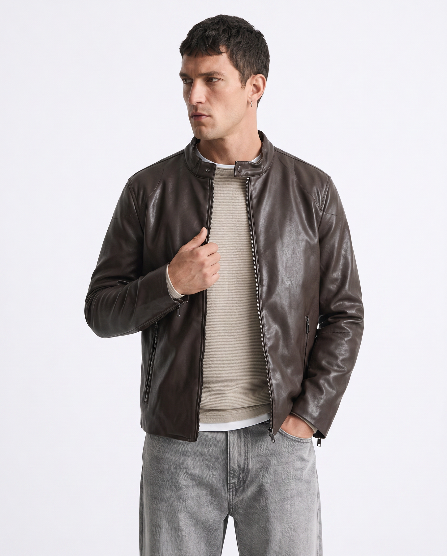 Giubbotto Biker Effetto Pelle con Collo - Moro