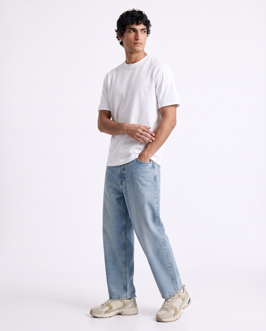 Tapered Wide Leg Jeans with Distressed Effect - Blue