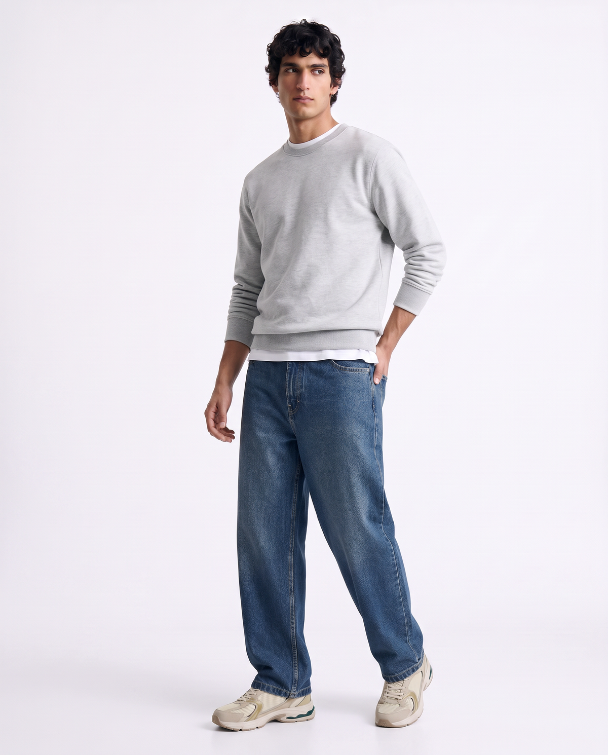 Jeans Tapered Wide Leg Effetto Slavato - Denim