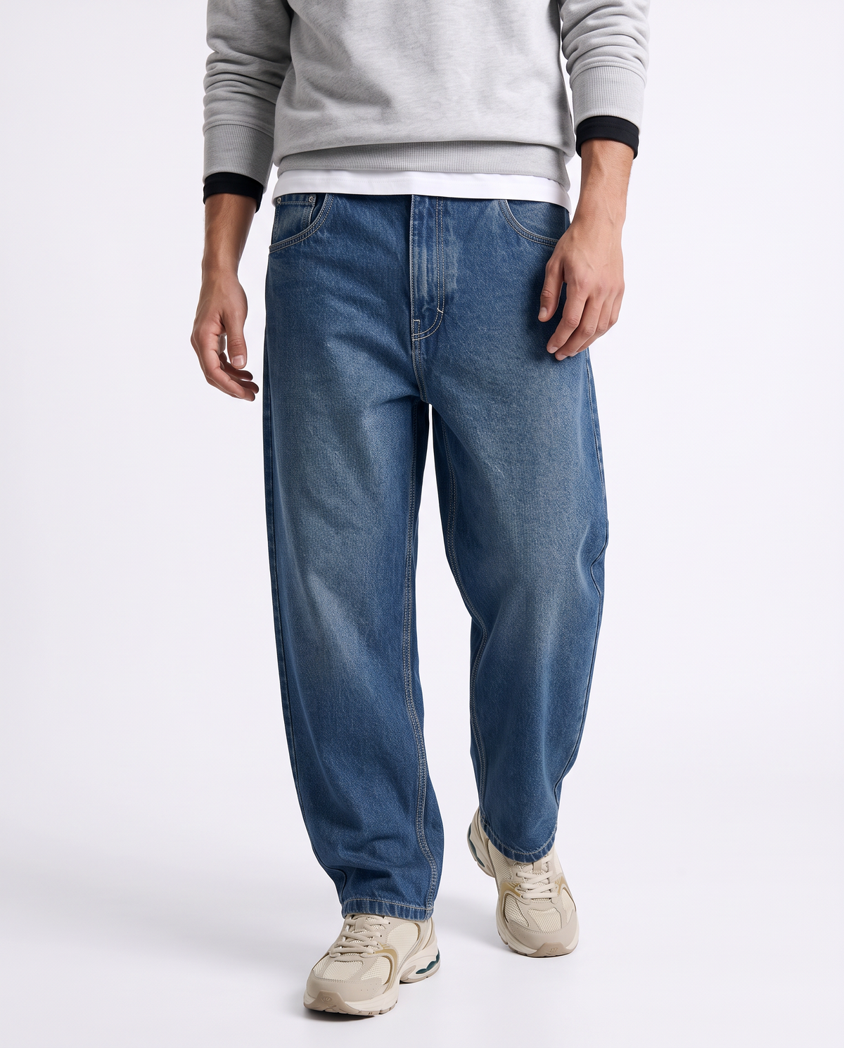 Jeans Tapered Wide Leg Effetto Slavato - Denim