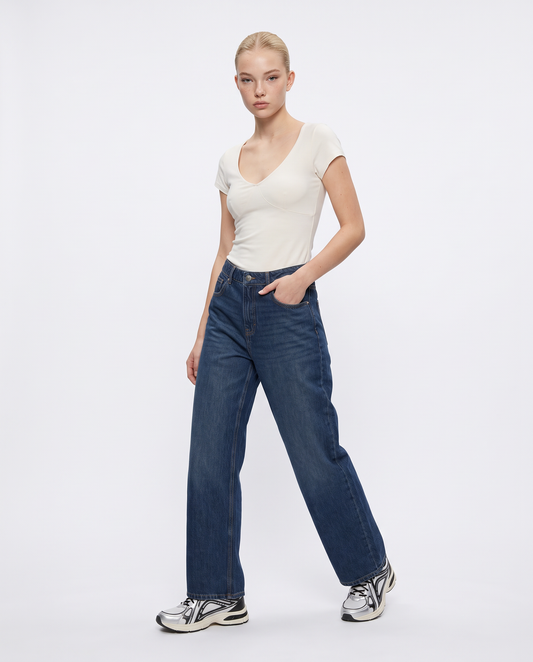 High-Waisted Tapered Jeans with Five Pockets - Blue