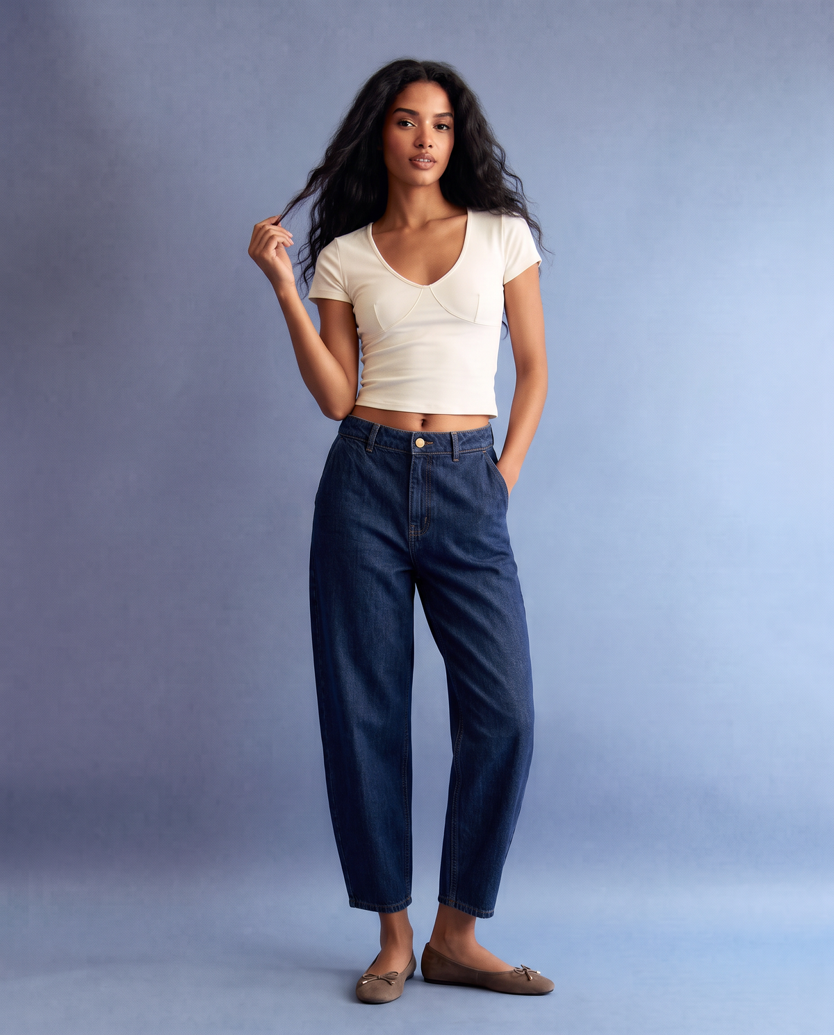 Jeans barrel a vita alta con tasche - DENIM SCURO