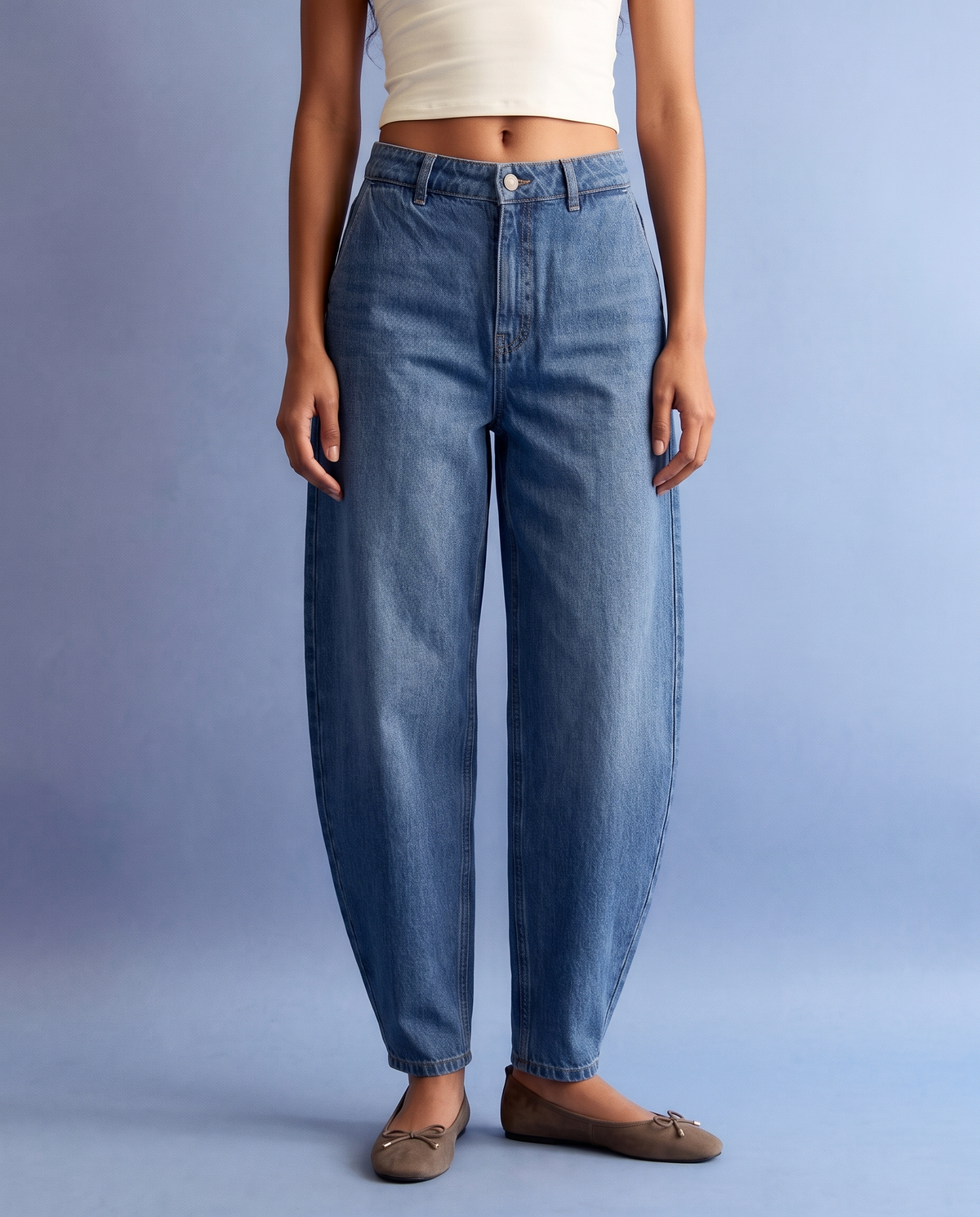 Jeans barrel a vita alta con tasche - Denim