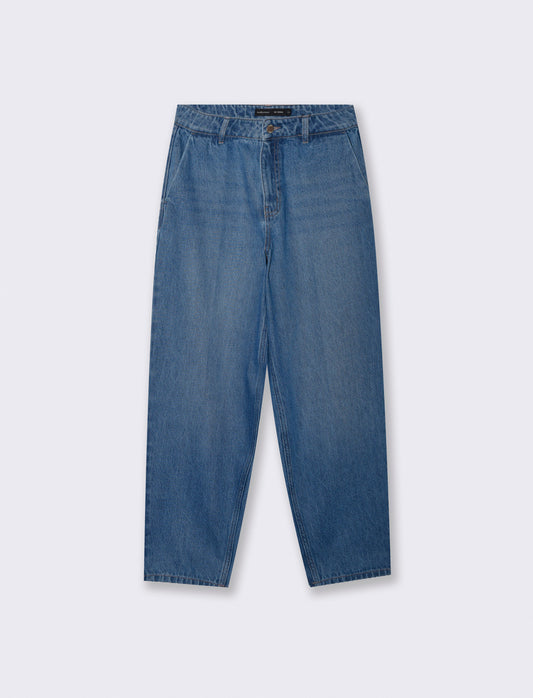 Jeans barrel a vita alta con tasche - Denim