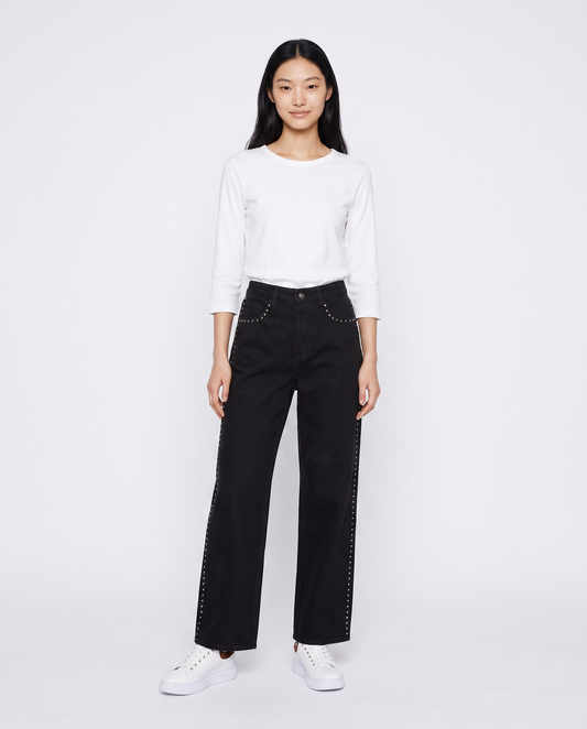 Jeans wide leg con borchie ai fianchi - Nero